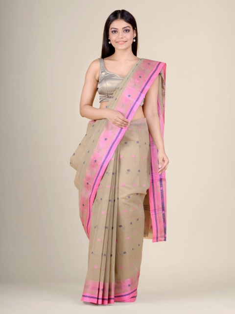 

Charukriti Beige & Pink Woven Design Pure Cotton Handloom Taant Saree