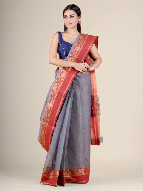 

Charukriti Grey & Red Woven Design Pure Cotton Handloom Taant Saree