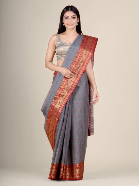 

Charukriti Grey & Red Woven Design Pure Cotton Handloom Taant Saree