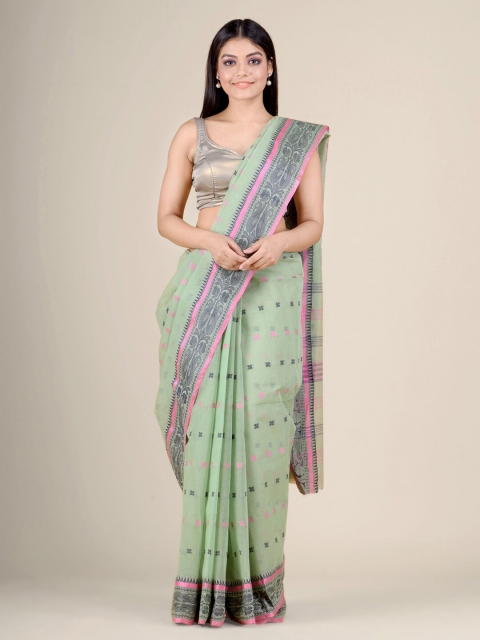 

Charukriti Green & Pink Floral Pure Cotton Handloom Taant Saree