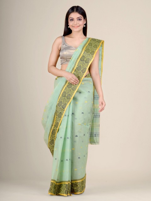 

Charukriti Green & Yellow Woven Design Pure Cotton Handloom Taant Saree