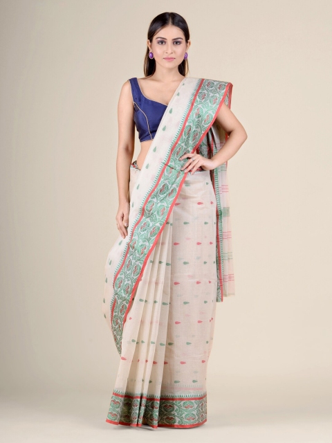 

Charukriti Off White & Green Woven Design Pure Cotton Handloom Taant Saree
