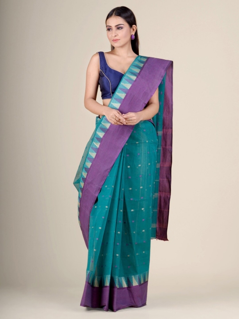 

Charukriti Teal & Purple Woven Design Pure Cotton Handloom Taant Saree