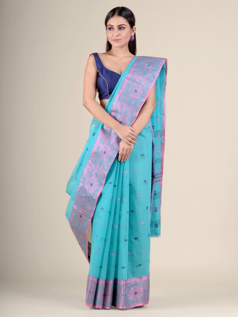 

Charukriti Blue & Pink Floral Pure Cotton Handloom Taant Saree