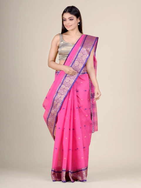 

Charukriti Pink & Gold-Toned Woven Design Pure Cotton Handloom Taant Saree