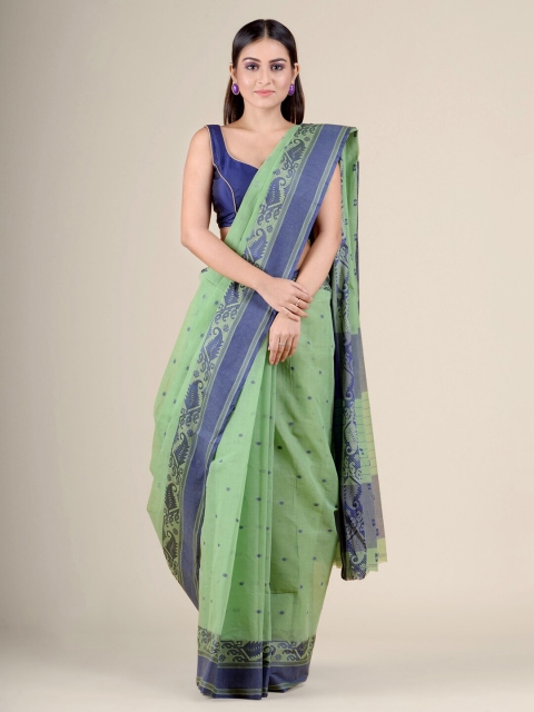 

Charukriti Green & Blue Woven Design Pure Cotton Handloom Taant Saree