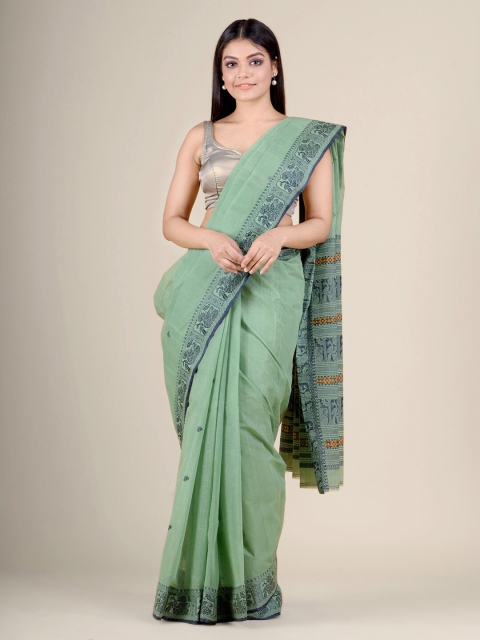 

Charukriti Green & Blue Woven Design Pure Cotton Handloom Taant Saree