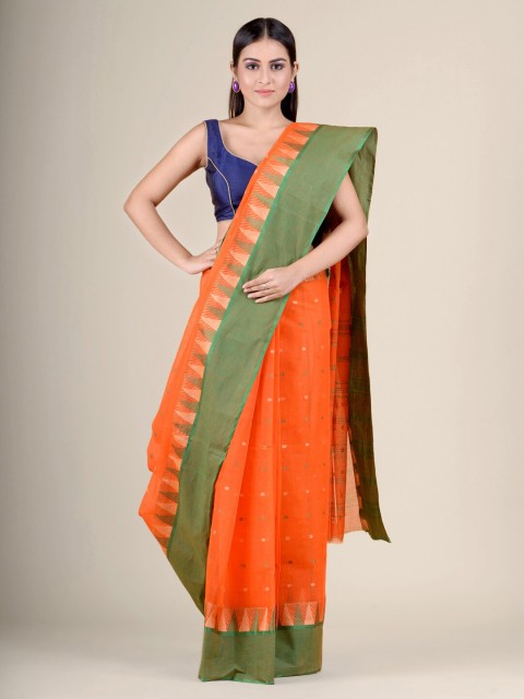 

Charukriti Orange & Green Woven Design Pure Cotton Handloom Taant Saree