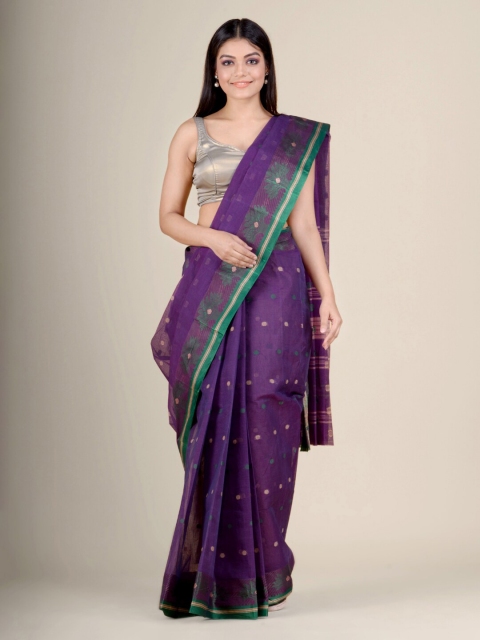 

Charukriti Purple & Green Woven Design Pure Cotton Handloom Taant Saree