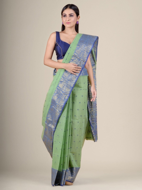 

Charukriti Green & Blue Woven Design Pure Cotton Handloom Taant Saree