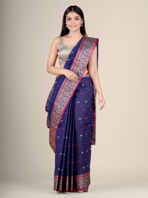 

Charukriti Navy Blue & Red Woven Design Zari Pure Cotton Handloom Taant Saree