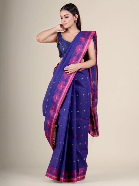 

Charukriti Navy Blue & Pink Woven Design Zari Pure Cotton Handloom Taant Saree