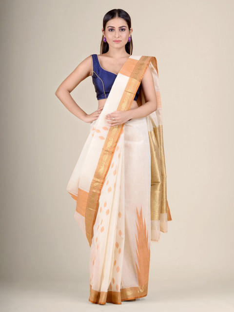 

Charukriti Off White & Yellow Woven Design Zari Pure Cotton Handloom Taant Saree