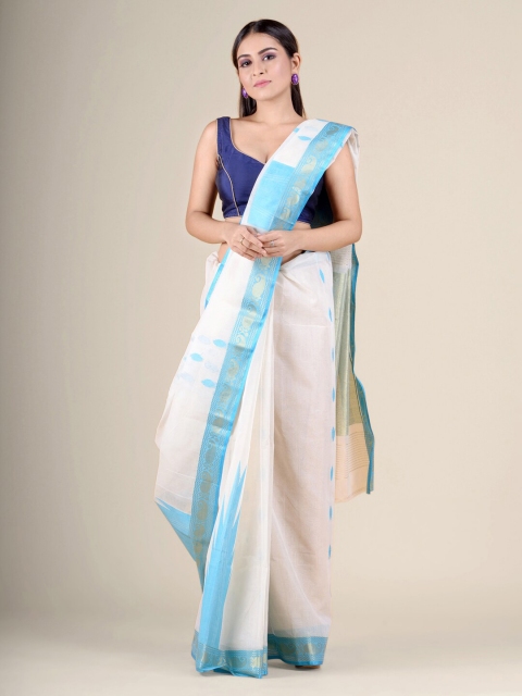 

Charukriti Off White & Blue Zari Pure Cotton Handloom Taant Saree