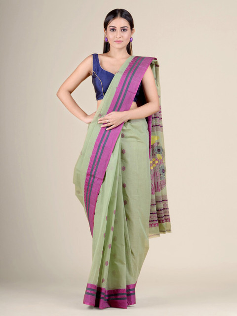 

Charukriti Green & Purple Woven Design Zari Pure Cotton Handloom Taant Saree