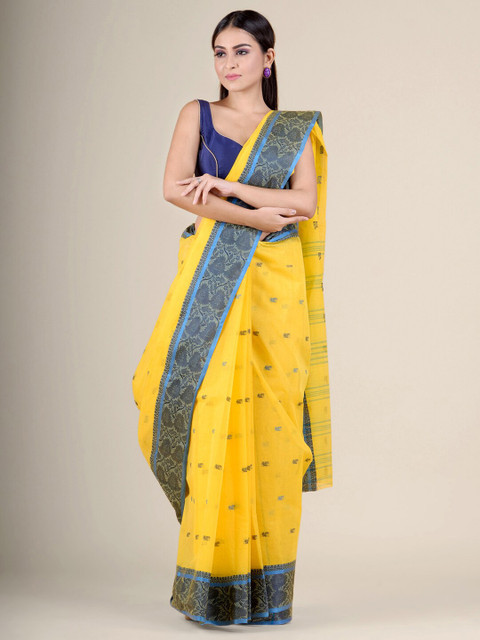 

Charukriti Yellow & Navy Blue Woven Design Pure Cotton Handloom Taant Saree