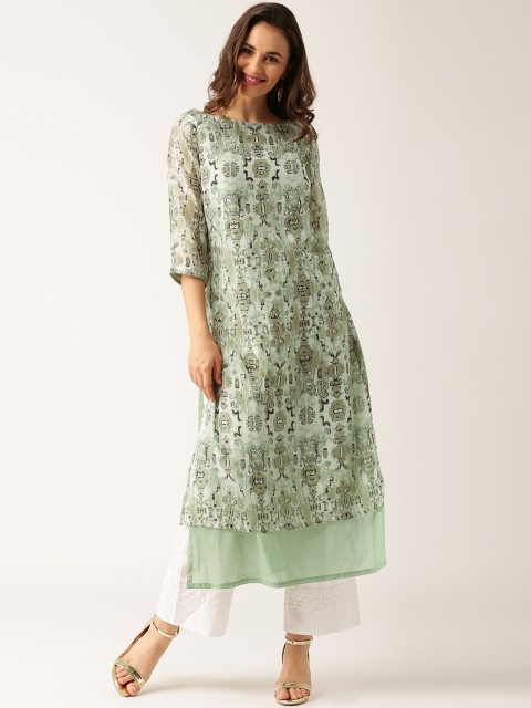 

all about you Women Green Printed Straight Kurta