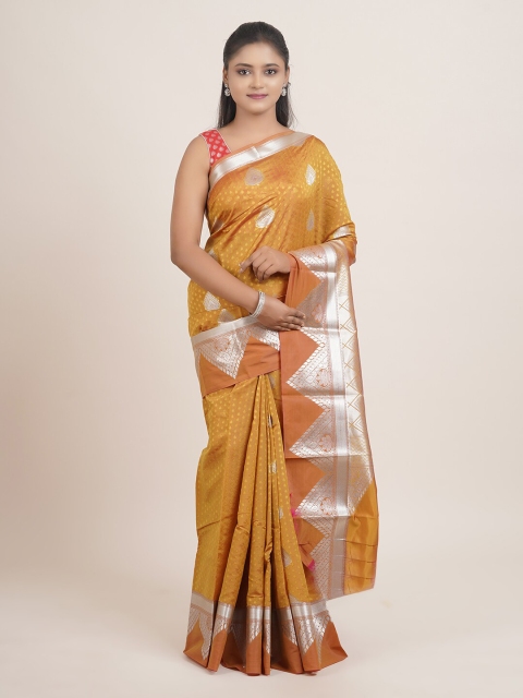 

Pothys Mustard Yellow & Grey Ethnic Motifs Zari Art Silk Saree