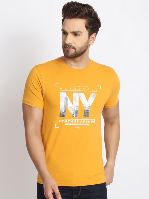 

98 Degree North Men Mustard Yellow & White Printed T-shirt