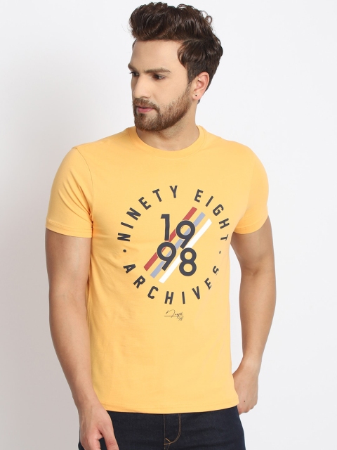 

98 Degree North Men Mustard Yellow Typography Printed Applique T-shirt