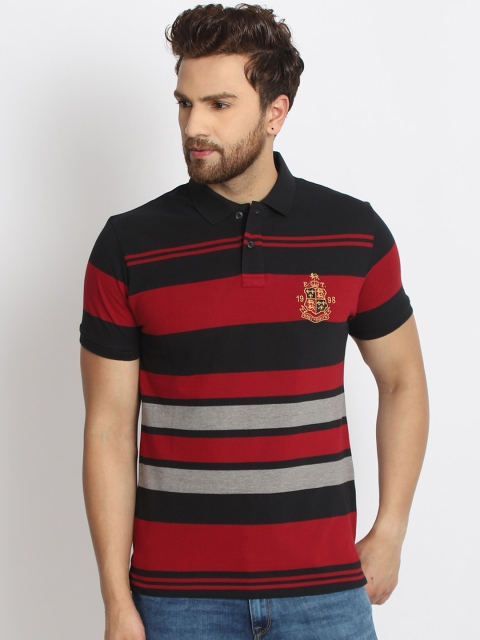 

98 Degree North Men Black & Maroon Striped Polo Collar T-shirt