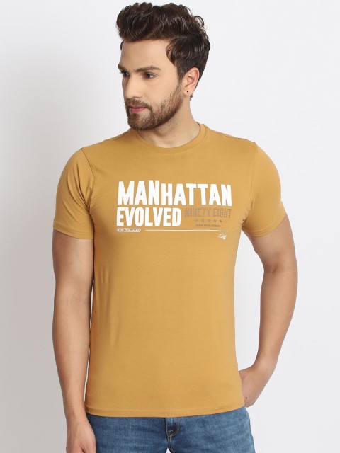 

98 Degree North Men Mustard Yellow & White Printed T-shirt