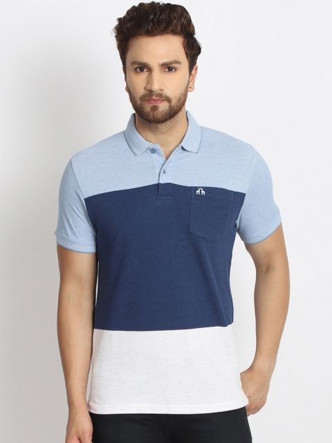 

98 Degree North Men Blue & White Colourblocked Polo Collar T-shirt