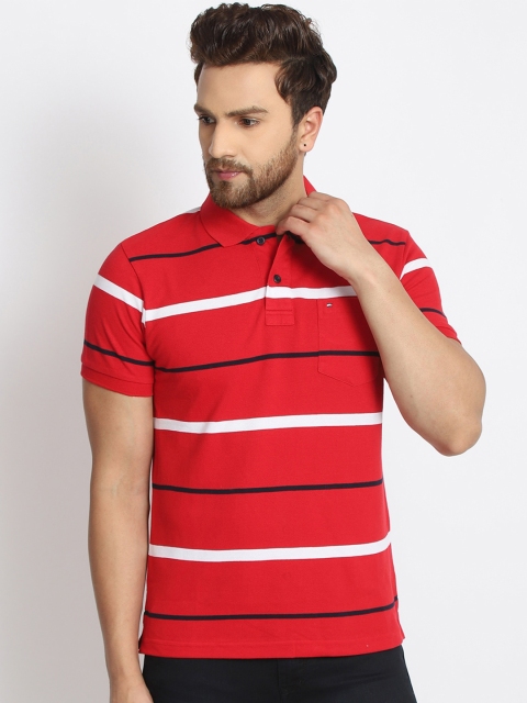 

98 Degree North Men Red & White Striped Polo Collar T-shirt