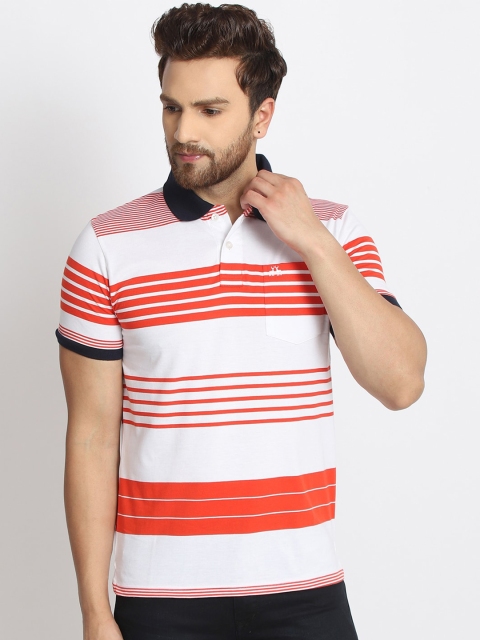 

98 Degree North Men Orange & White Striped Polo Collar T-shirt