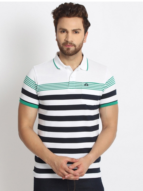 

98 Degree North Men White & Black Striped Polo Collar T-shirt