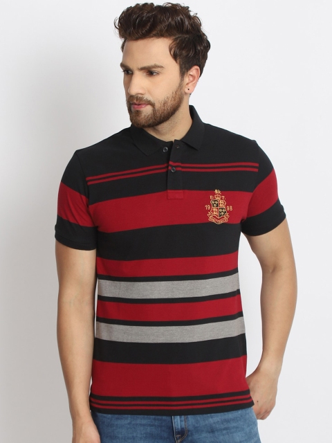 

98 Degree North Men Black Striped Mandarin Collar Applique T-shirt