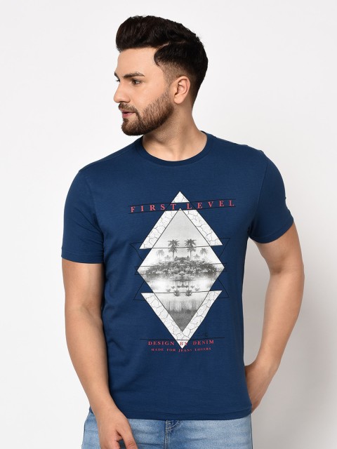 

98 Degree North Men Blue & Off White Printed T-shirt