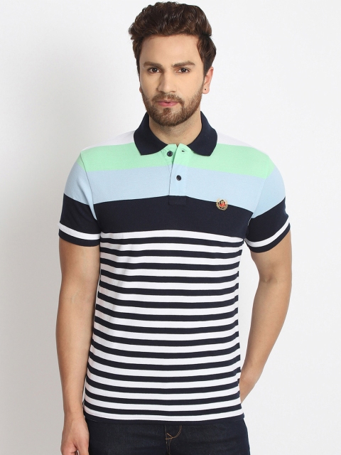 

98 Degree North Men Navy Blue & White Striped Polo Collar T-shirt