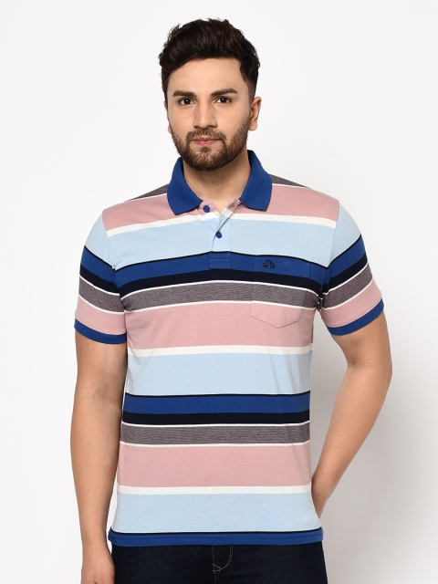 

98 Degree North Men Pink & Blue Striped Polo Collar T-shirt