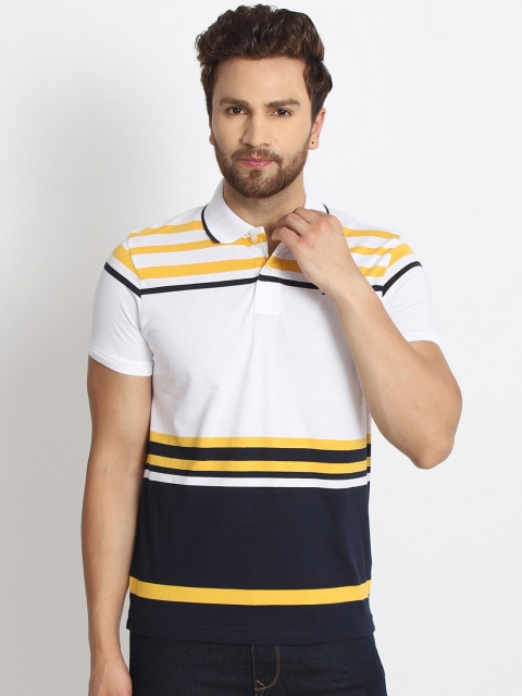 

98 Degree North Men White & Yellow Striped Polo Collar T-shirt