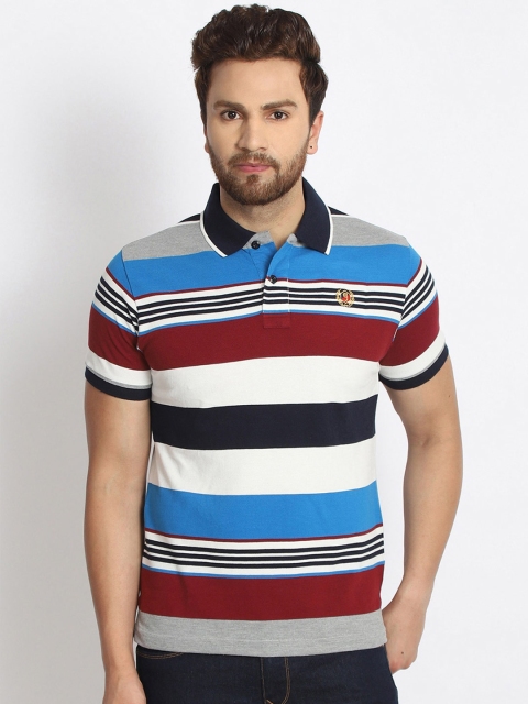 

98 Degree North Men Blue & White Striped Polo Collar T-shirt