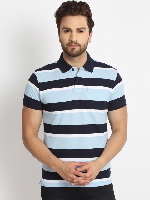 

98 Degree North Men Blue & White Striped Polo Collar T-shirt