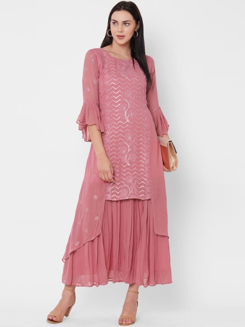 

ZOLA Women Pink Geometric Flared Sleeves Gotta Patti Georgette Anarkali Kurta