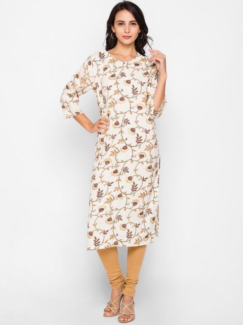 

ZOLA Women Brown & Off White Floral Printed Keyhole Neck Kurta