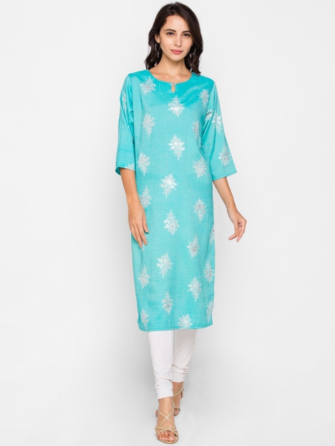 

ZOLA Women Turquoise Blue & White Ethnic Motifs Printed Kurta