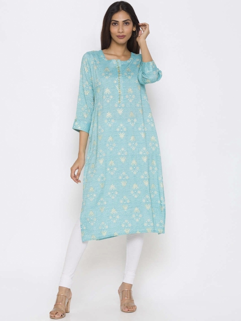 

ZOLA Women Turquoise Blue & White Ethnic Motifs Printed Kurta