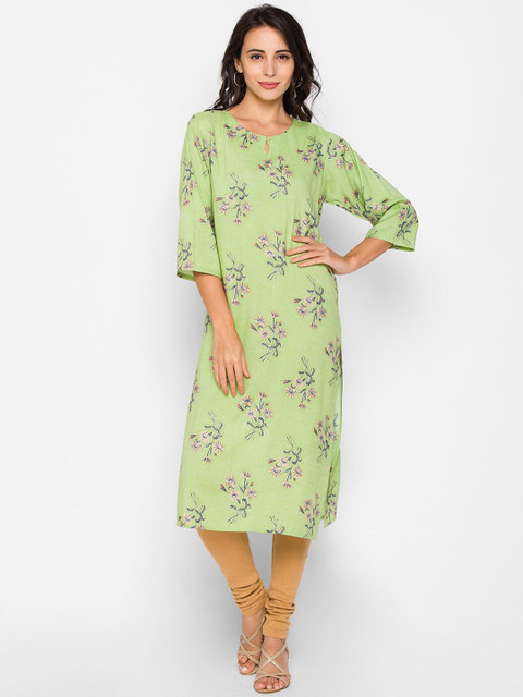 

ZOLA Women Green & Beige Floral Printed Keyhole Neck Kurta