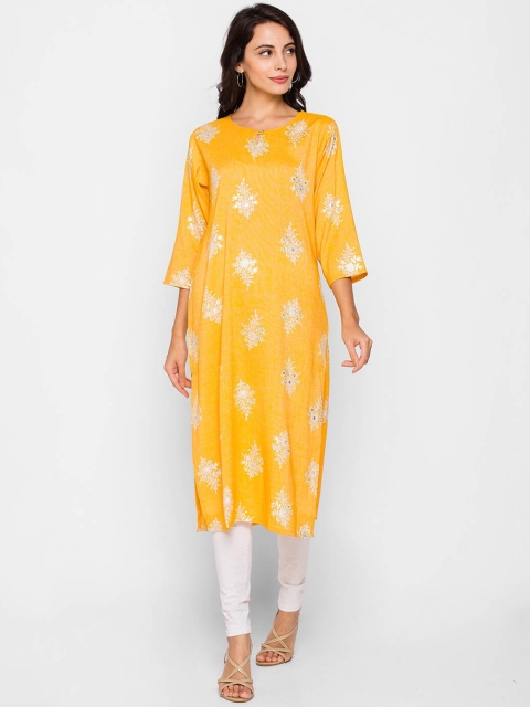 

ZOLA Women Mustard Yellow & White Ethnic Motifs Printed Kurta
