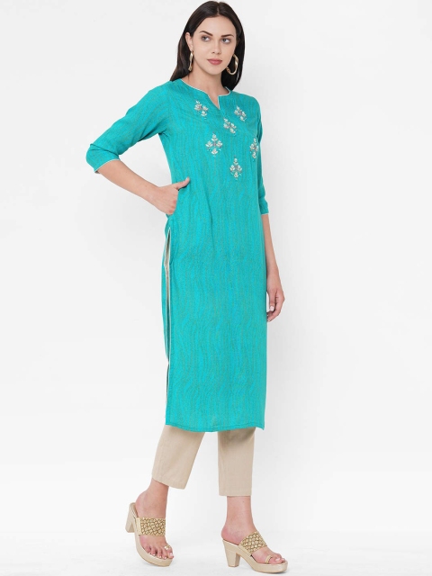 

ZOLA Women Turquoise Blue Floral Thread Work Floral Kurta