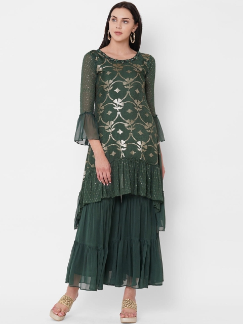 

ZOLA Women Green Embroidered Tiered Sequinned Kurta with Sharara