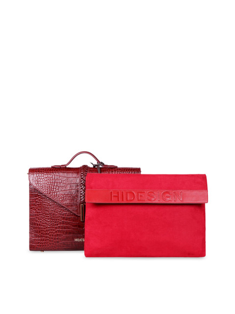 

Hidesign Red Animal Textured Leather Bowling Satchel with Cut Work