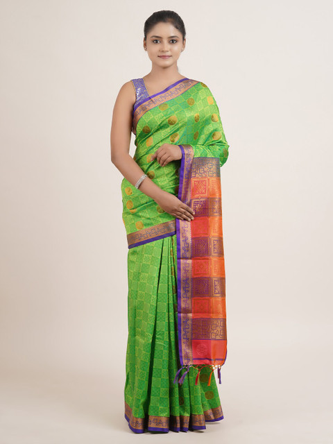 

Pothys Green & Gold-Toned Floral Zari Art Silk Saree