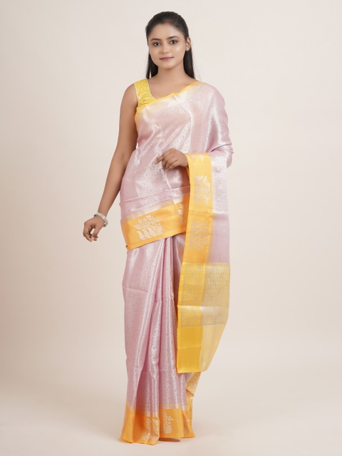 

Pothys Pink & Silver-Toned Floral Zari Silk Blend Saree