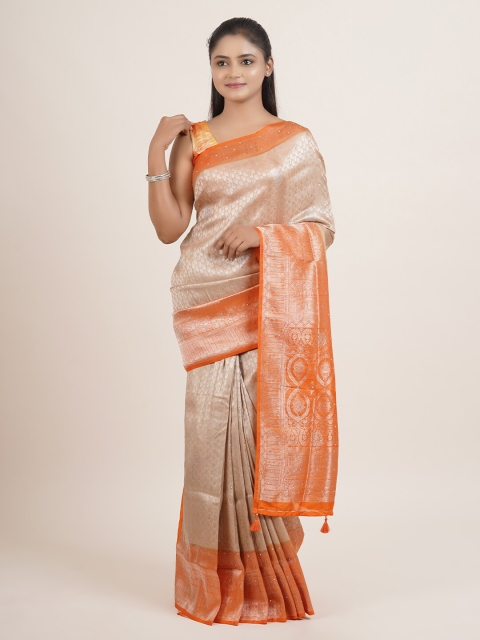 

Pothys Women Cream & Orange Embellished & Woven Designed Saree