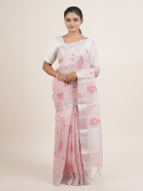 

Pothys Pink & Silver-Toned Ethnic Motifs Tissue Saree